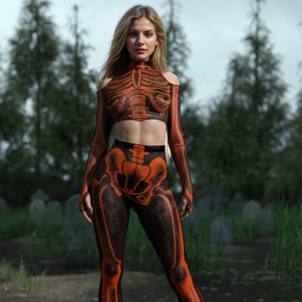 Candy Catz NEW SEXY Halftone Skeleton Orange Mesh Cold Shoulder Crop HALLOWEEN